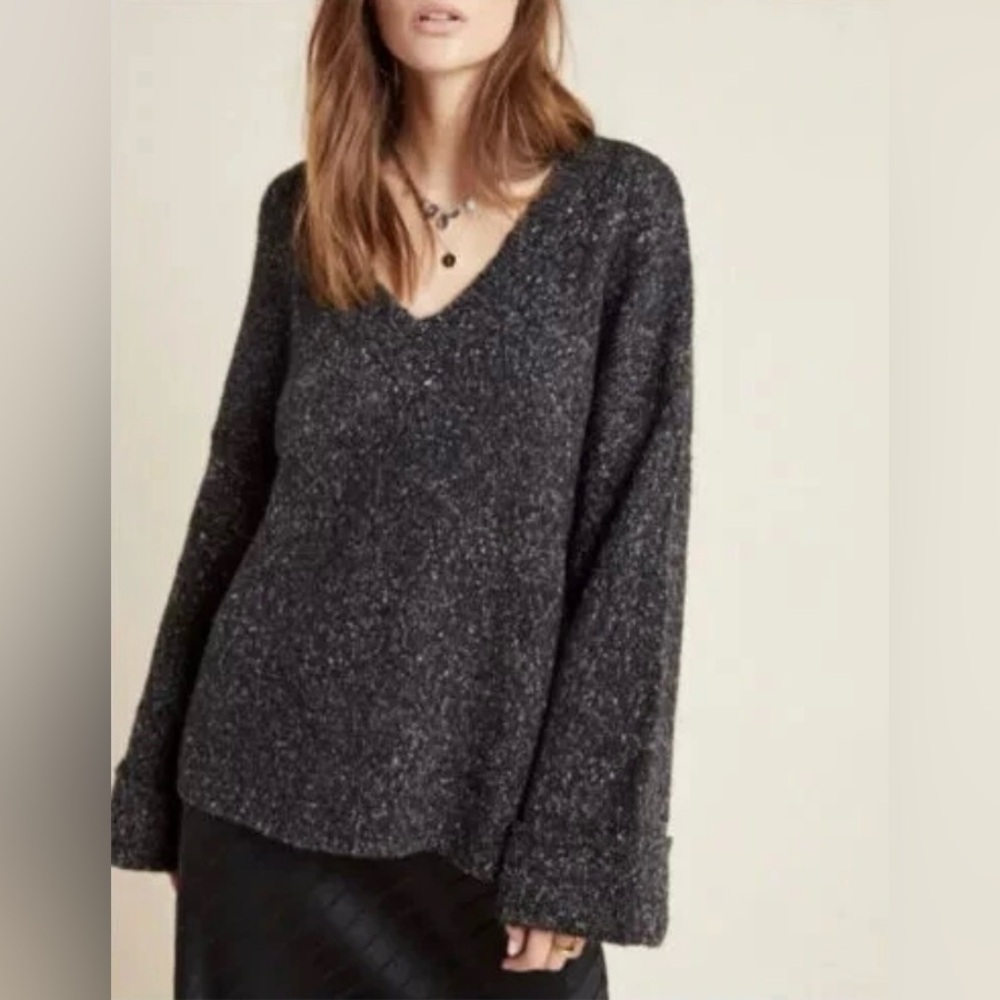 Anthropologie Sweater Women’s Small Gray V-Neck Oversized Chunky‎ Pullover